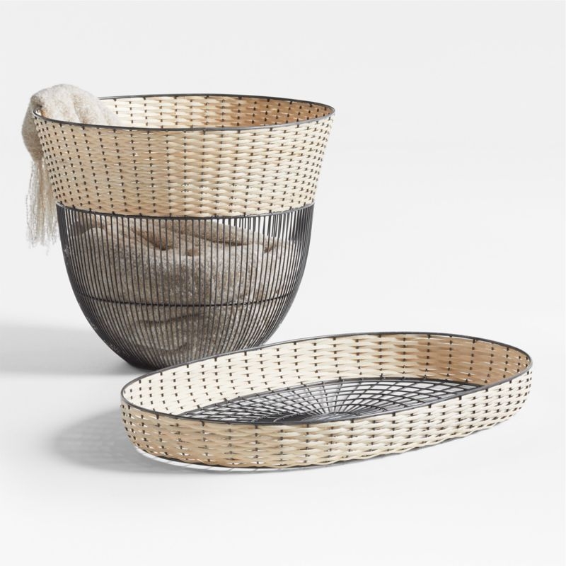Toma Oval Black and Off White Rattan and Metal Decorative Tray 30" - Image 1