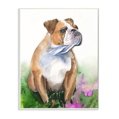 English Bulldog Grassy Florals Soft Watercolor Portrait - Image 0