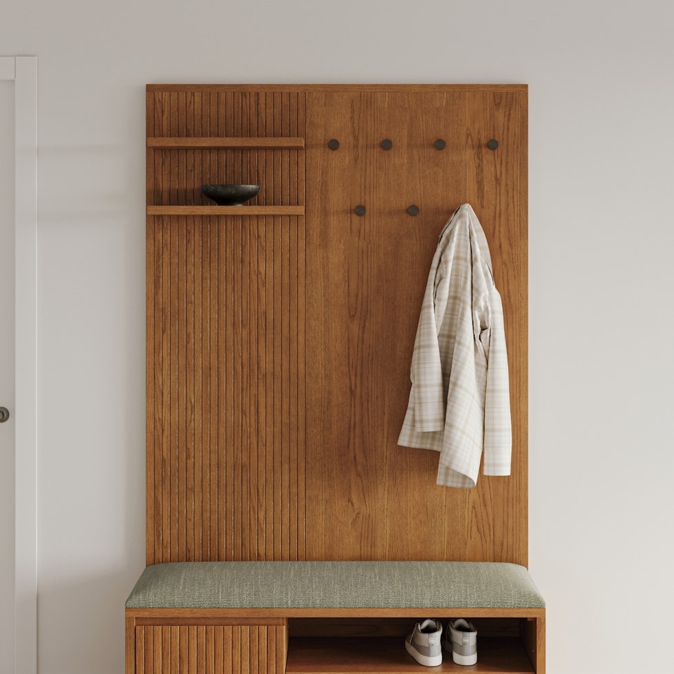 Kouva 47" Bench and Wall Panel Storage Set - Smoked Oak and Algonquin Green - Image 2