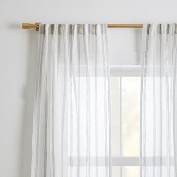 Sheer Linen Cotton Mini Stripe Curtain, White/Slate, 48"x108" - Image 1