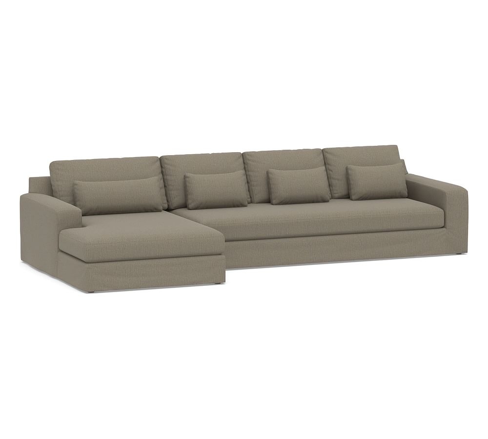 Big Sur Square Arm Slipcovered Deep Seat Right Arm Grand Sofa with Wide Chaise Sectional and Bench Cushion, Down Blend Wrapped Cushions, Chenille Basketweave Taupe - Image 0