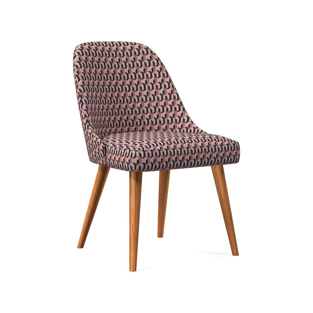 Midcentury Upholstered Dining Chair, Wood Leg, Pink Grapefruit, Block Geo, Pecan - Image 0