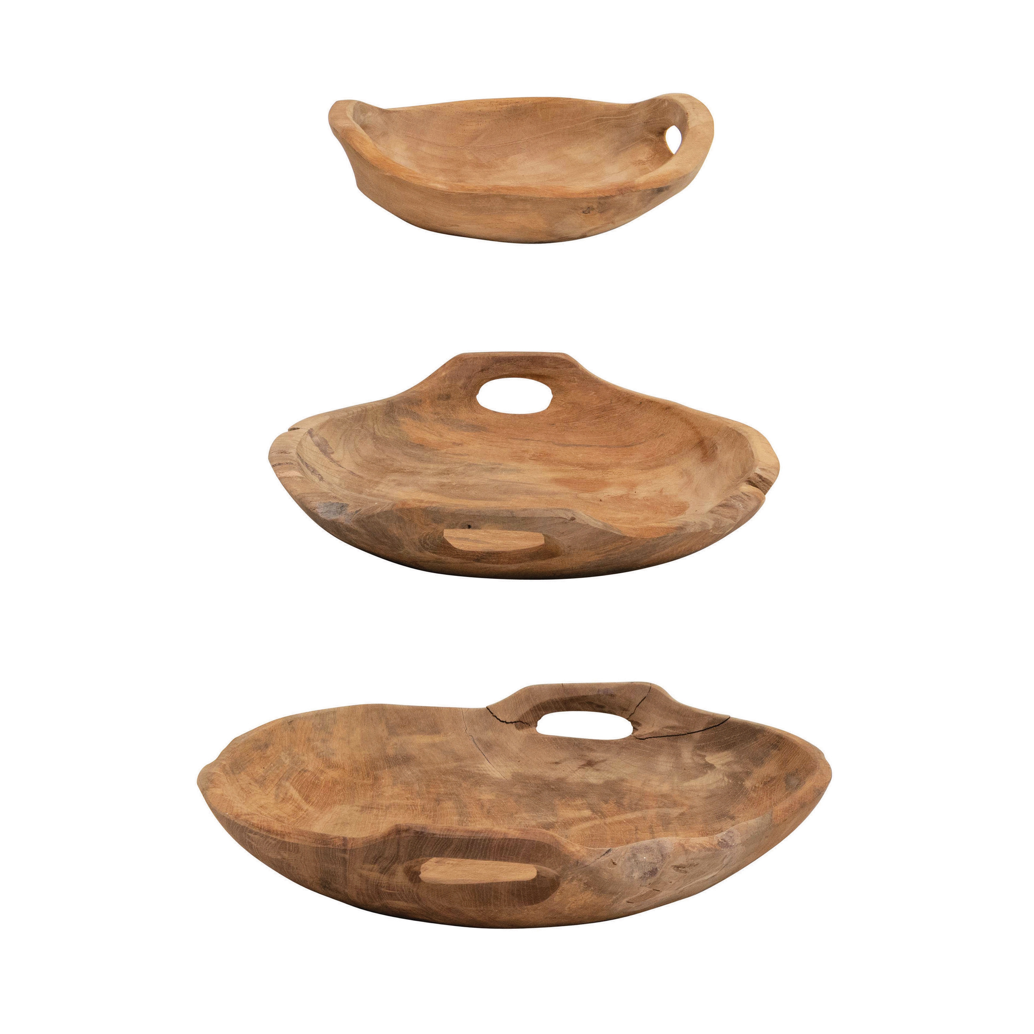 Teak Wood Bowls with Handles, Set of 3 (Each One Will Vary) - Image 0