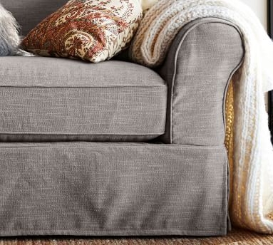 PB Comfort Roll Arm Slipcovered Left Arm 3-Piece Corner Sectional, Box Edge Down Blend Wrapped Cushions, Chenille Basketweave Pebble - Image 1
