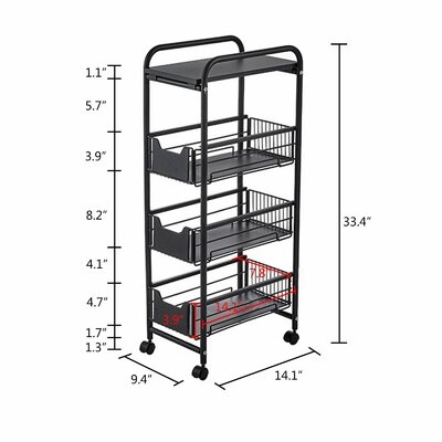 14.1" X 9.4" X33.4 "  4-Tier Slide Out Gap Rolling Cart Tray Storage Shelf - Image 0