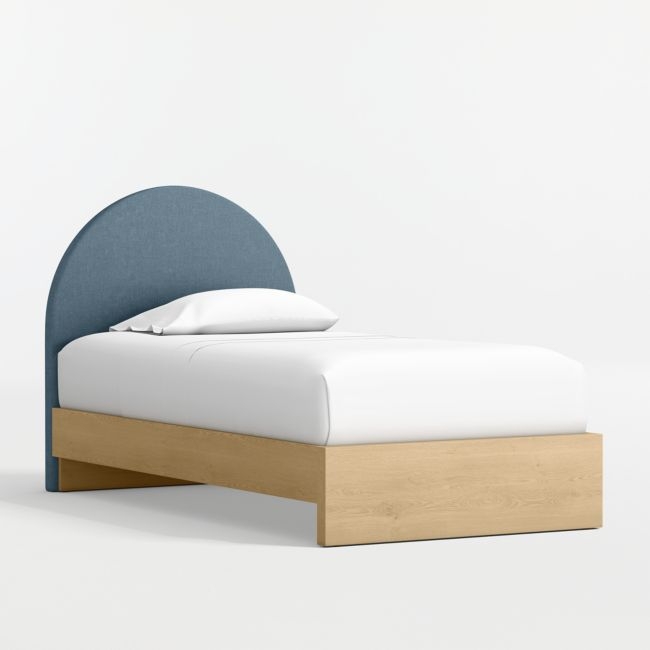 Emma Denim Blue Upholstered Kids Twin Headboard with Natural Wood Base - Image 0