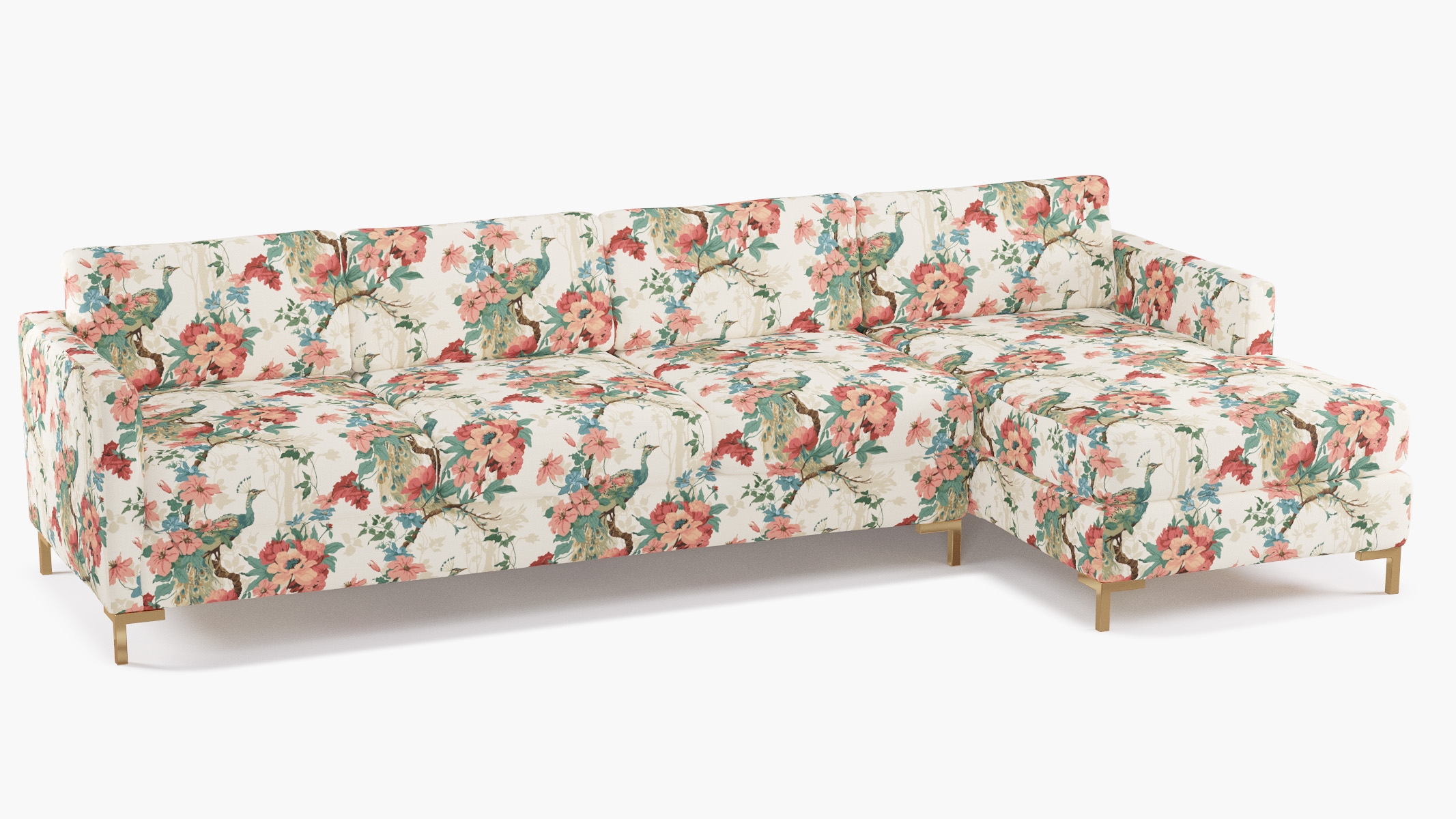 Modern Sectional, Right Facing, Rose Peacock Park, Brass L Leg - Image 1