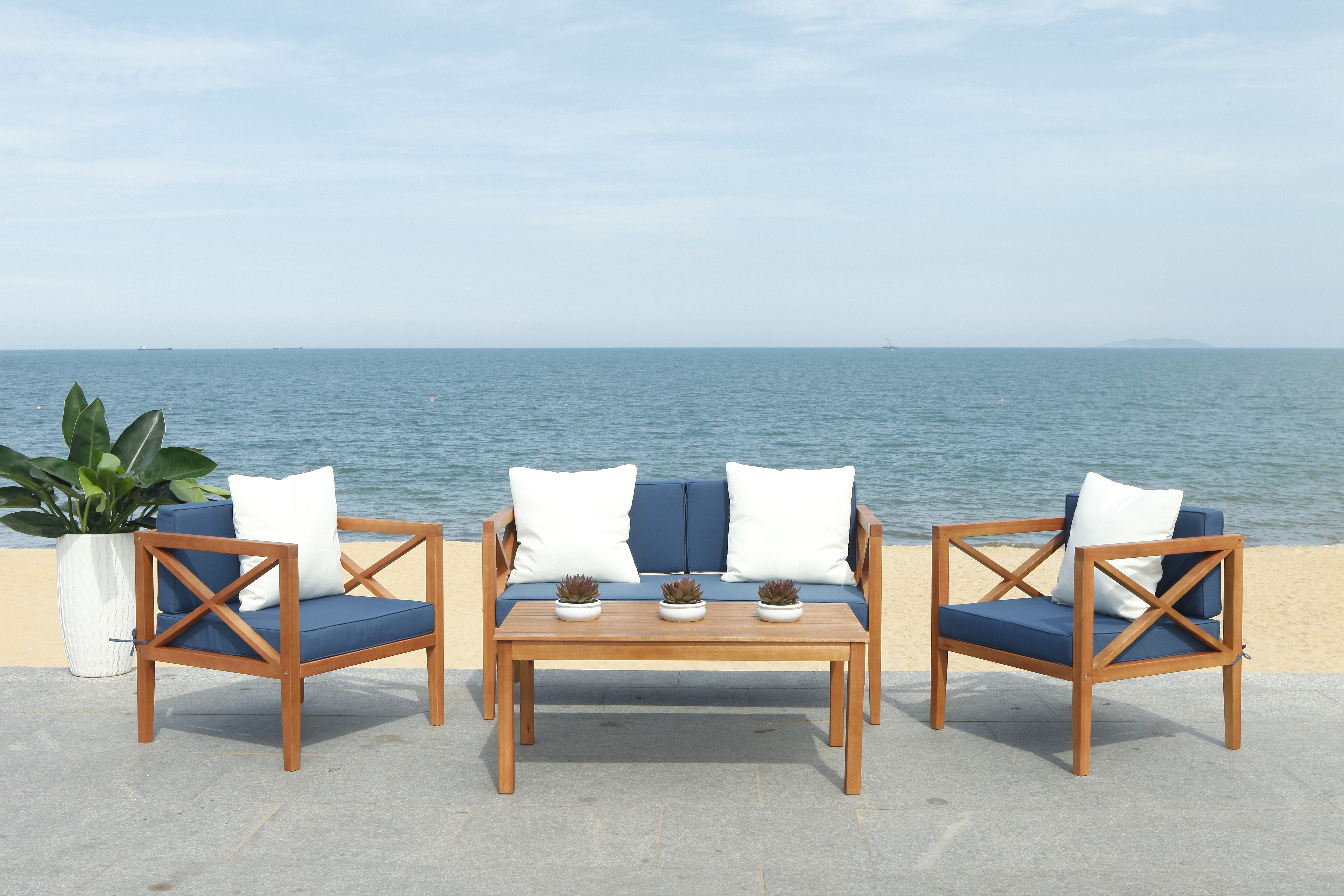 Nunzio 4 Piece Outdoor Set With Accent Pillows - Natural/Navy - Safavieh - Image 5