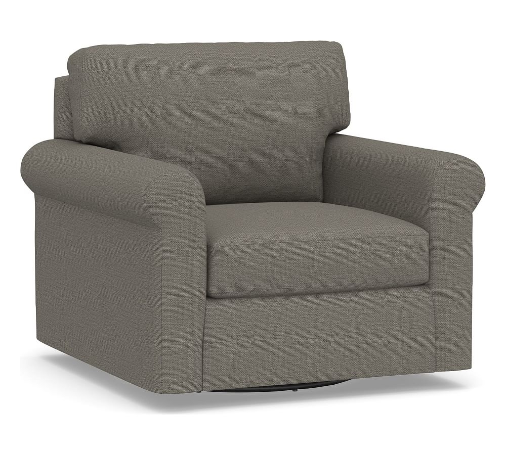 York Roll Arm Upholstered Swivel Armchair, Down Blend Wrapped Cushions, Chunky Basketweave Metal - Image 0