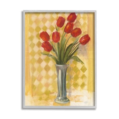 Red Tulip Vase Over Yellow Checker Plaid - Image 0