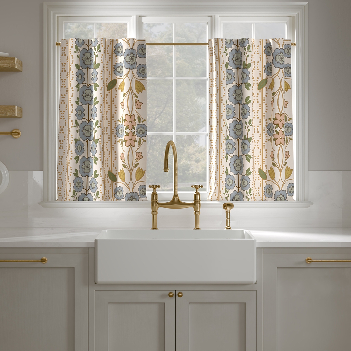 Printed Linen Café Curtain, Colonial Blue Floriline, 25" x 36", Privacy - Image 0