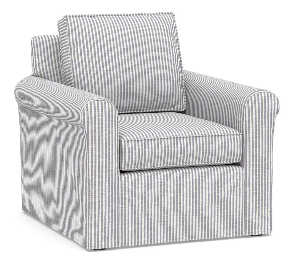 Cameron Roll Arm Slipcovered Deep Seat Armchair, Polyester Wrapped Cushions, Classic Stripe Blue - Image 0