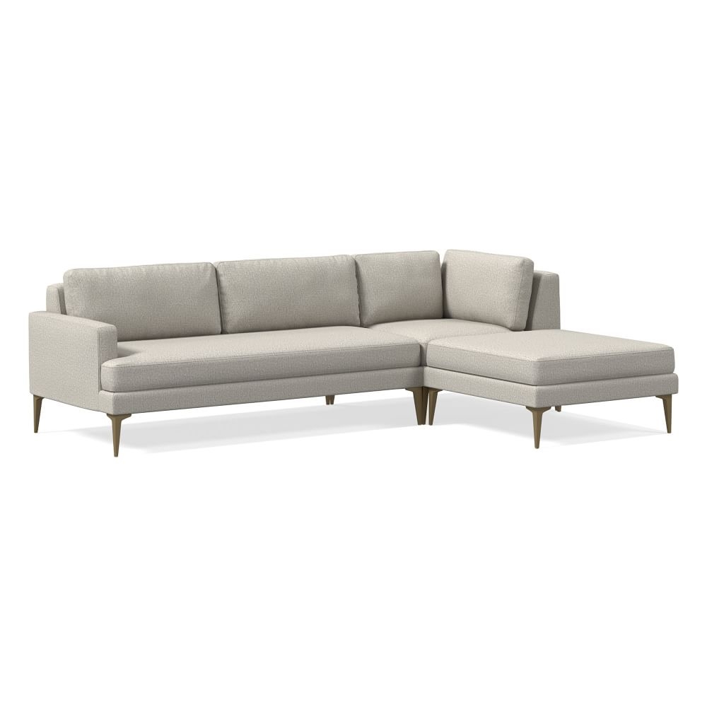 Andes 101" Right Multi Seat 3-Piece Ottoman Sectional, Petite Depth, Twill, Dove, Brass - Image 0