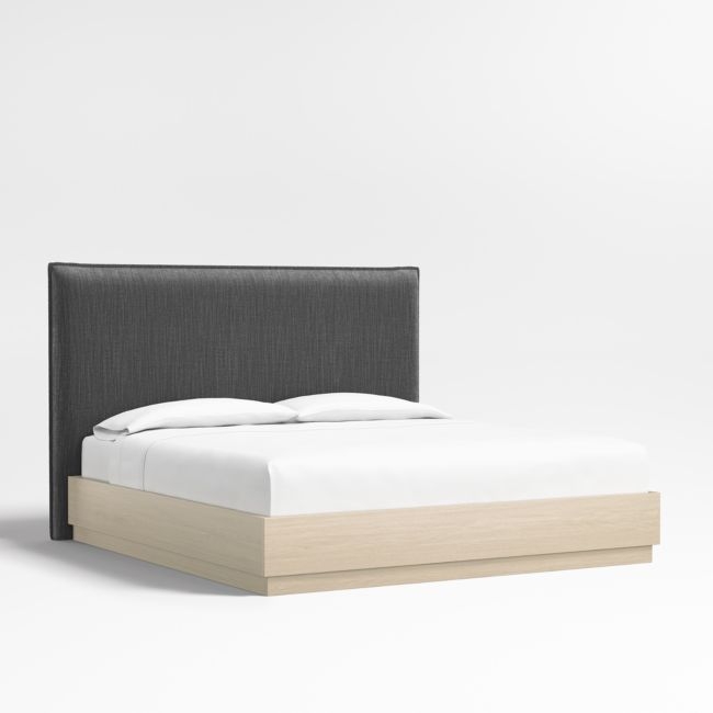 Arvada 54" Charcoal Grey King Upholstered Headboard with Batten White Oak Bed Base - Image 0