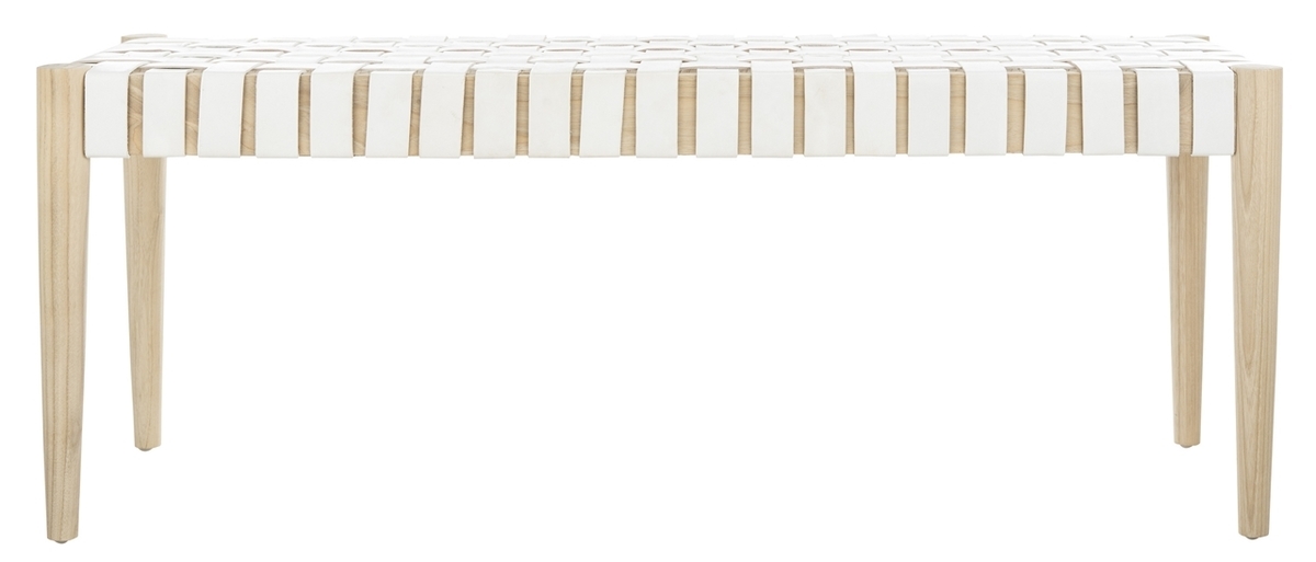Amalia Leather Weave Bench, White & Natural - Image 0