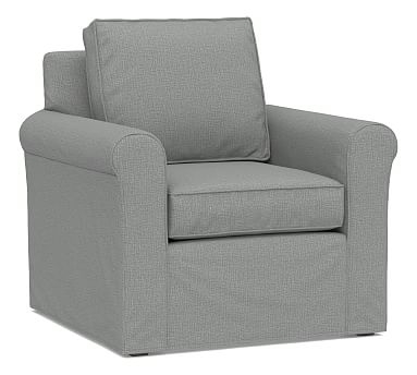 Cameron Roll Arm Slipcovered Armchair, Polyester Wrapped Cushions, Performance Brushed Basketweave Chambray - Image 0