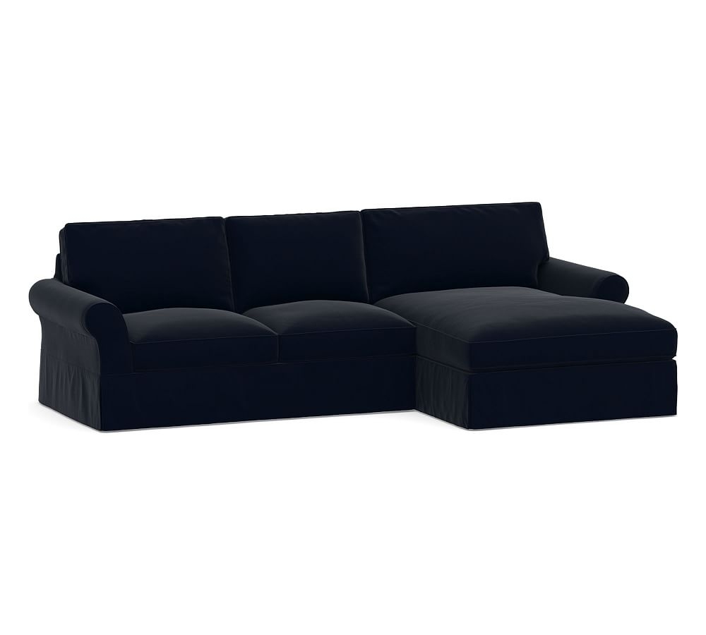 PB Comfort Roll Arm Slipcovered Left Arm Loveseat with Double Chaise Sectional, Box Edge Memory Foam Cushions, Performance Plush Velvet Navy - Image 0