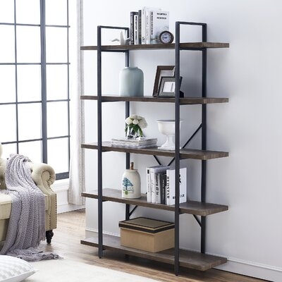 5-Shelf Vintage Industrial Style Bookcase, Rustic Farmhouse Storage Shelves With Metal Frame, Open Wide Office Etagere Book Shelf - Image 0