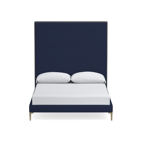 Brooklyn 72 XTall Nontufted Bed, Queen, Performance Slub Weave, Navy, Antique Brass - Image 0
