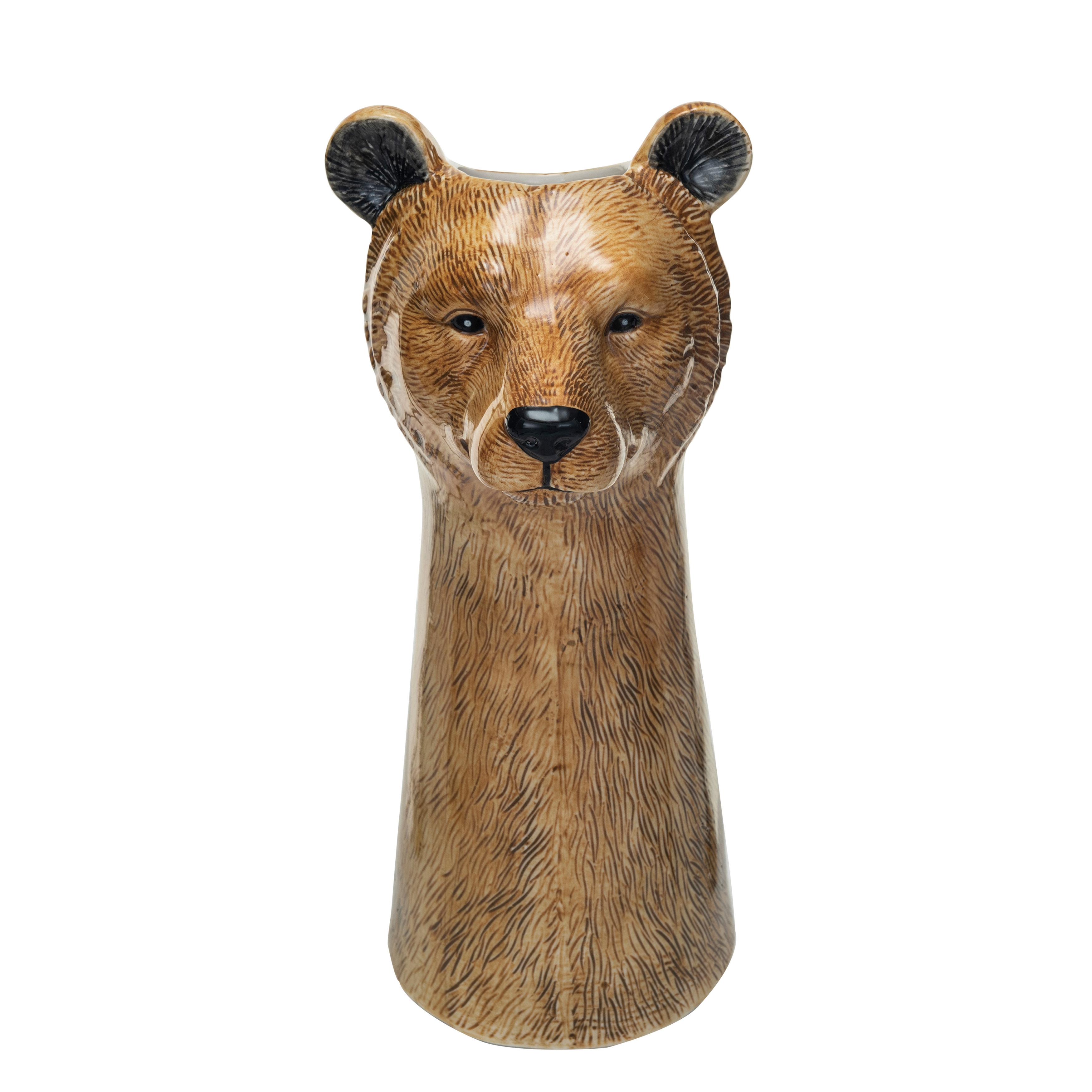 Hand-Painted Decorative Stoneware Bear Vase, Brown - Image 0