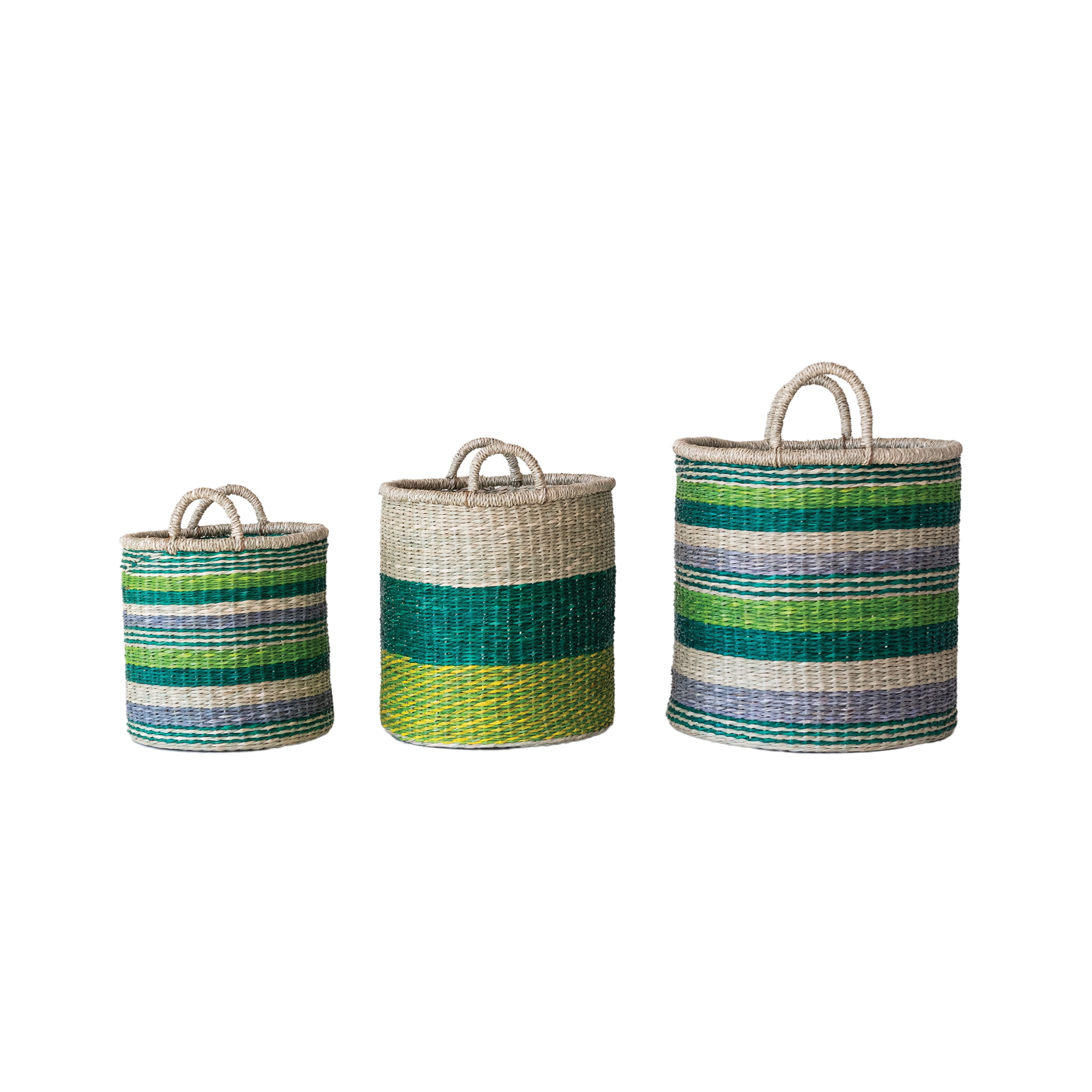 3-Piece Hand-Woven Seagrass Baskets with Stripes and Handles, Multicolor - Image 0