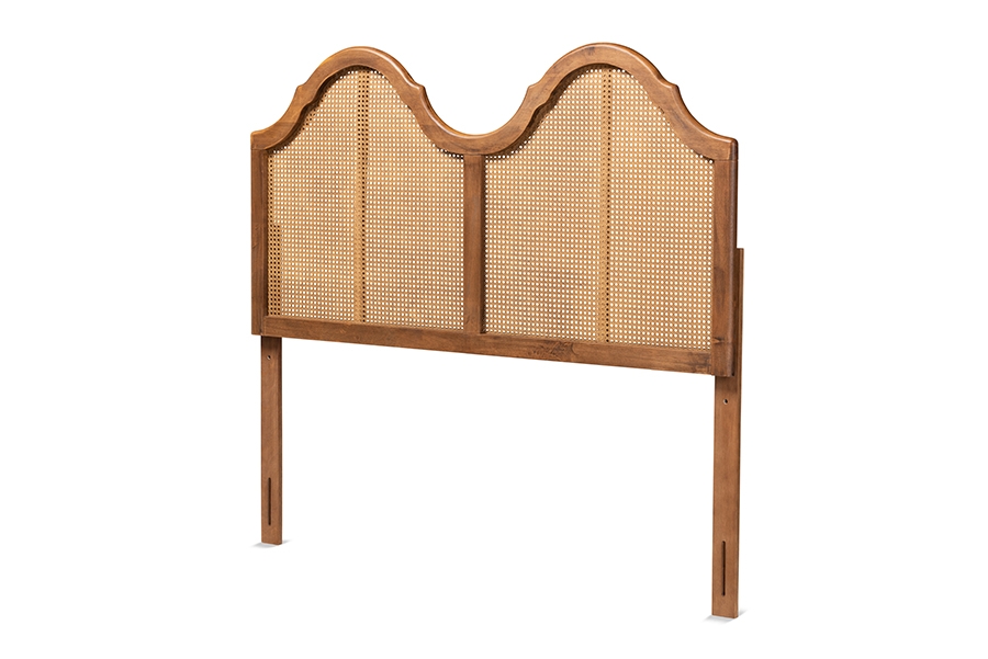 Hazel Vintage Classic and Traditional Ash Walnut Finished Wood and Synthetic Rattan King Size Arched Headboard - Image 1
