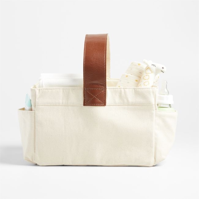 Canvas Diaper Caddy Organizer with Brown Leather Handle - Image 0
