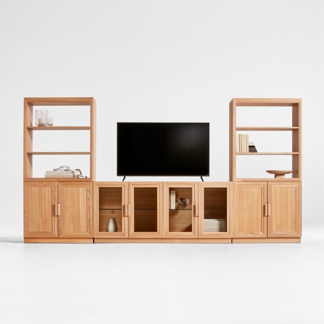 Calypso 144" Natural Wood Media Console Set with Wood Door Bookcase - Image 0