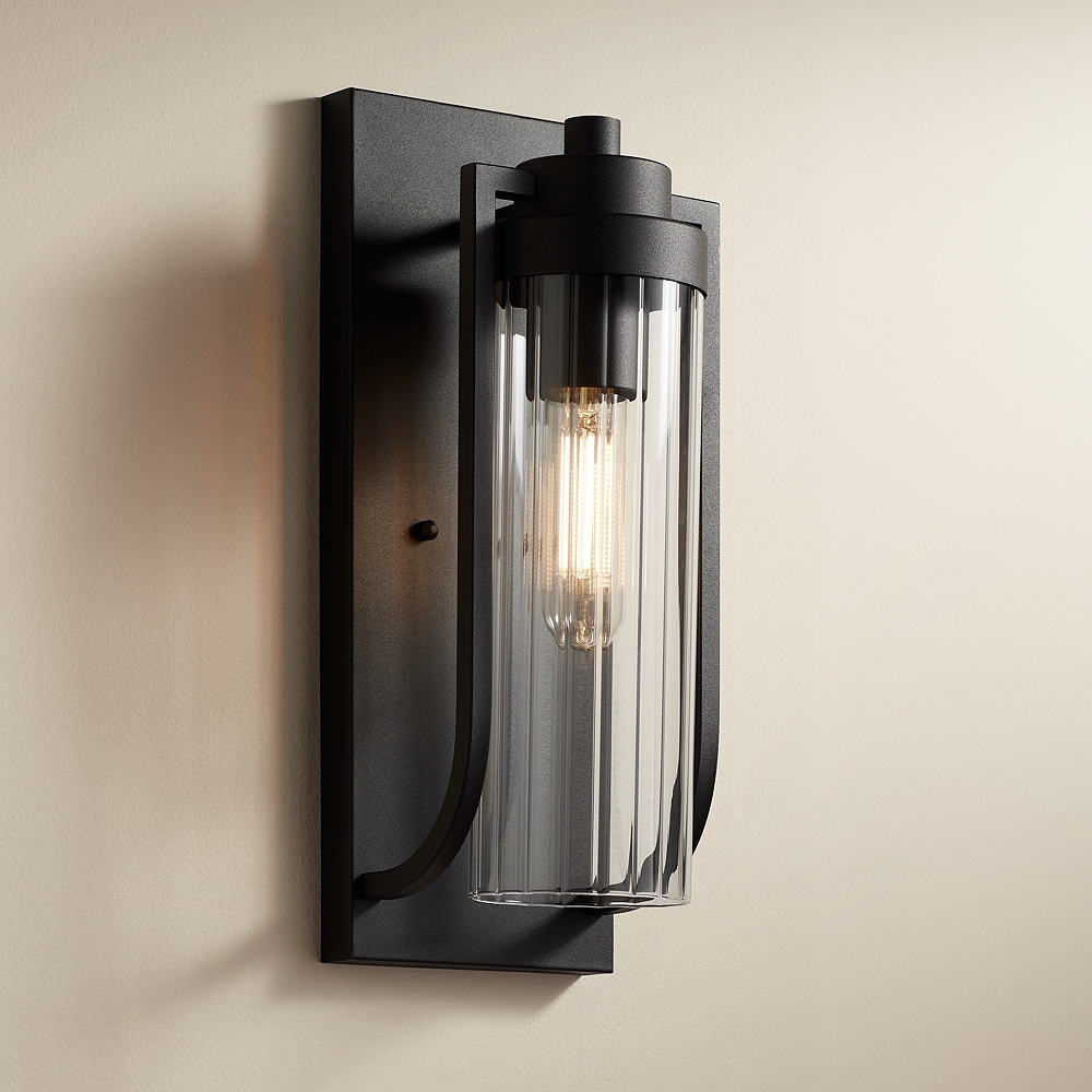 Possini Euro Bogata 15 1/2" High Black and Ribbed Glass Wall Sconce - Image 0