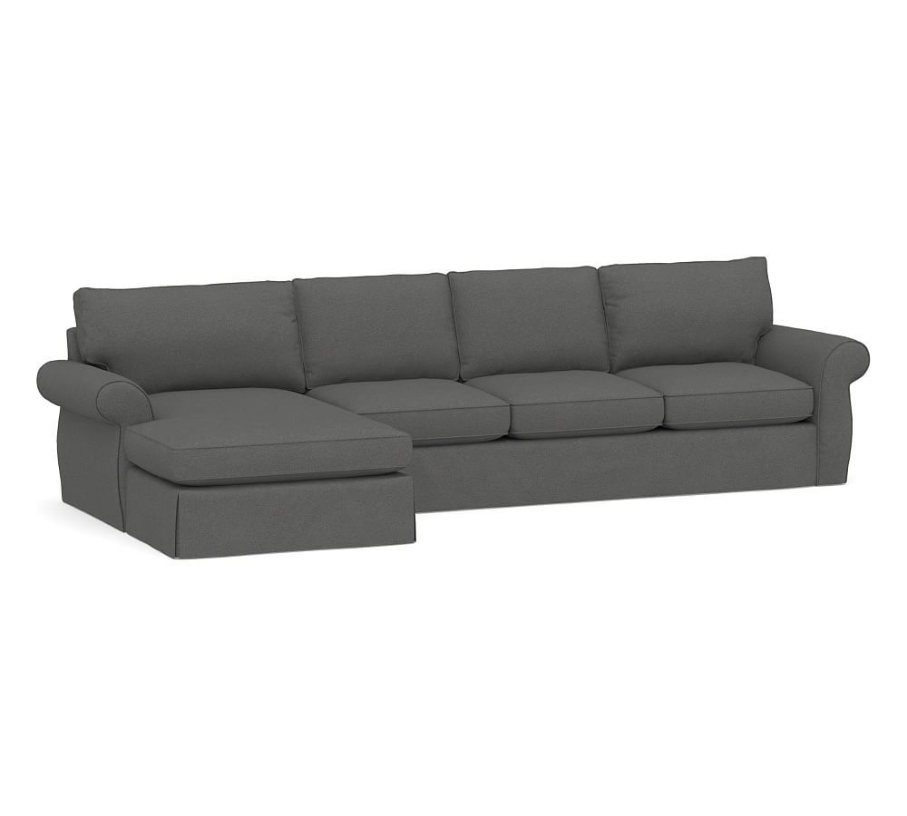 Pearce Roll Arm Slipcovered Right Arm Sofa with Double Chaise Sectional, Down Blend Wrapped Cushions, Park Weave Charcoal - Image 0