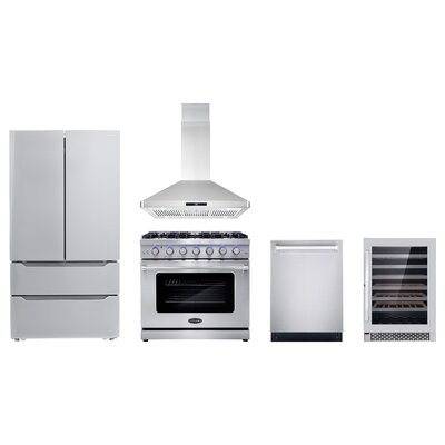 5 Piece Kitchen Package with 36" Freestanding Gas Range  36" Under Cabinet Mount 24" Built-in Fully Integrated Dishwasher Energy Star French Door Refrigerator & 48 Bottle Wine Refrigerator - Image 0