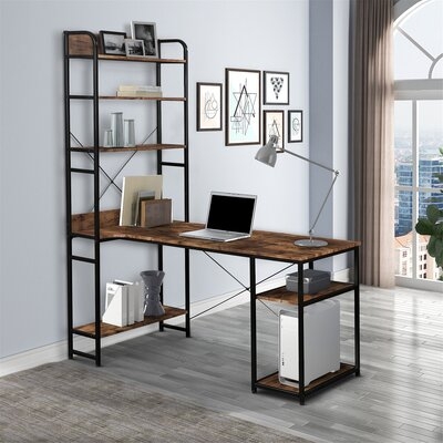 Home Office Computer Desk Steel Frame And MDF Board/5 Tier Open Bookshelf/Plenty Storage Space - Image 0