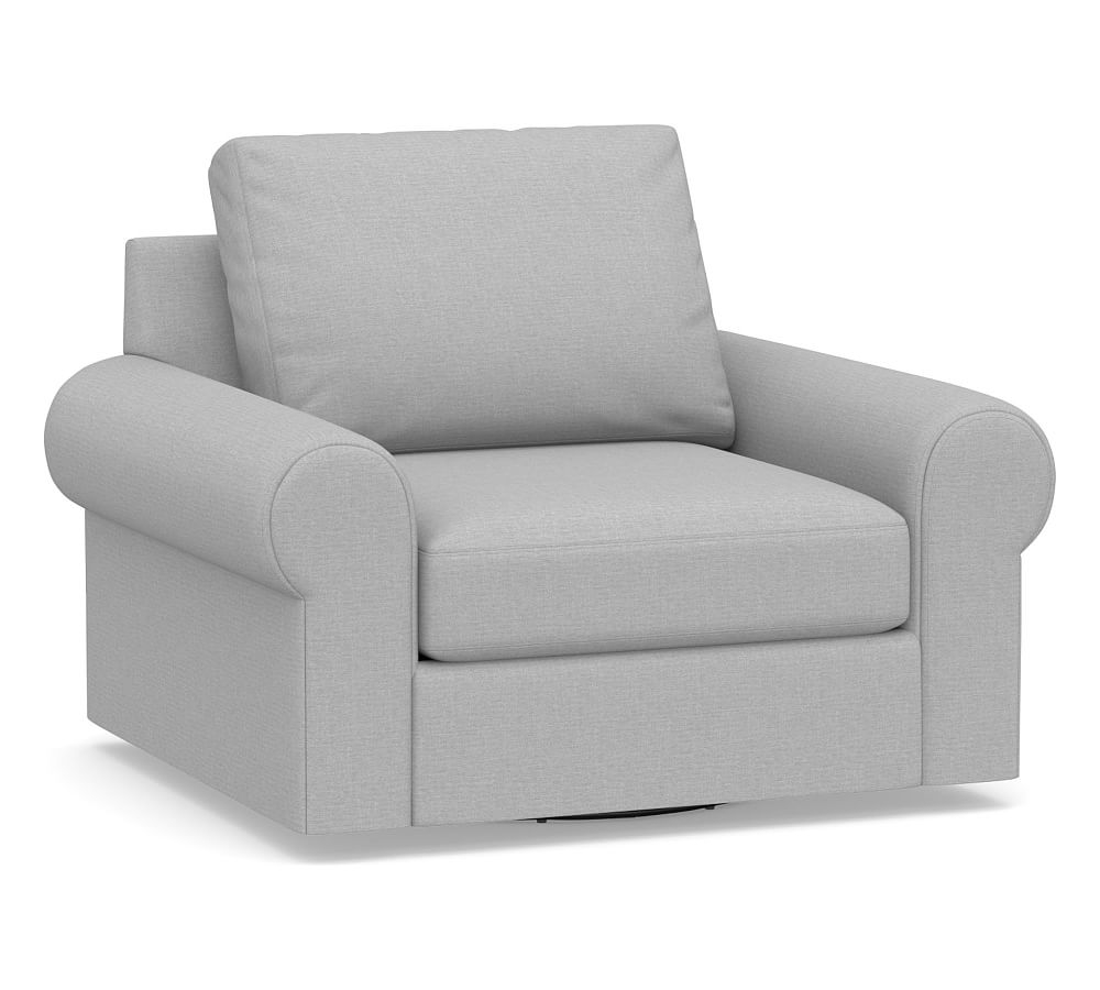 Big Sur Roll Arm Upholstered Swivel Armchair, Down Blend Wrapped Cushions, Brushed Crossweave Light Gray - Image 0