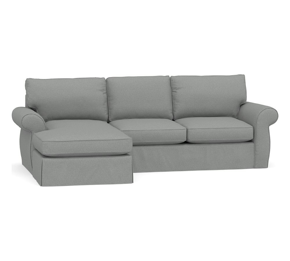 Pearce Roll Arm Slipcovered Right Arm Loveseat with Chaise Sectional, Down Blend Wrapped Cushions, Performance Brushed Basketweave Chambray - Image 0