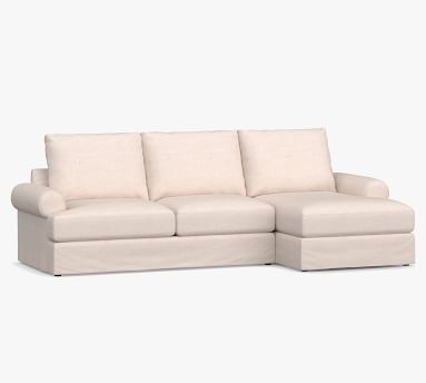 Canyon Roll Arm Slipcovered Right Arm Loveseat with Chaise Sectional, Down Blend Wrapped Cushions, Performance Heathered Basketweave Dove - Image 2