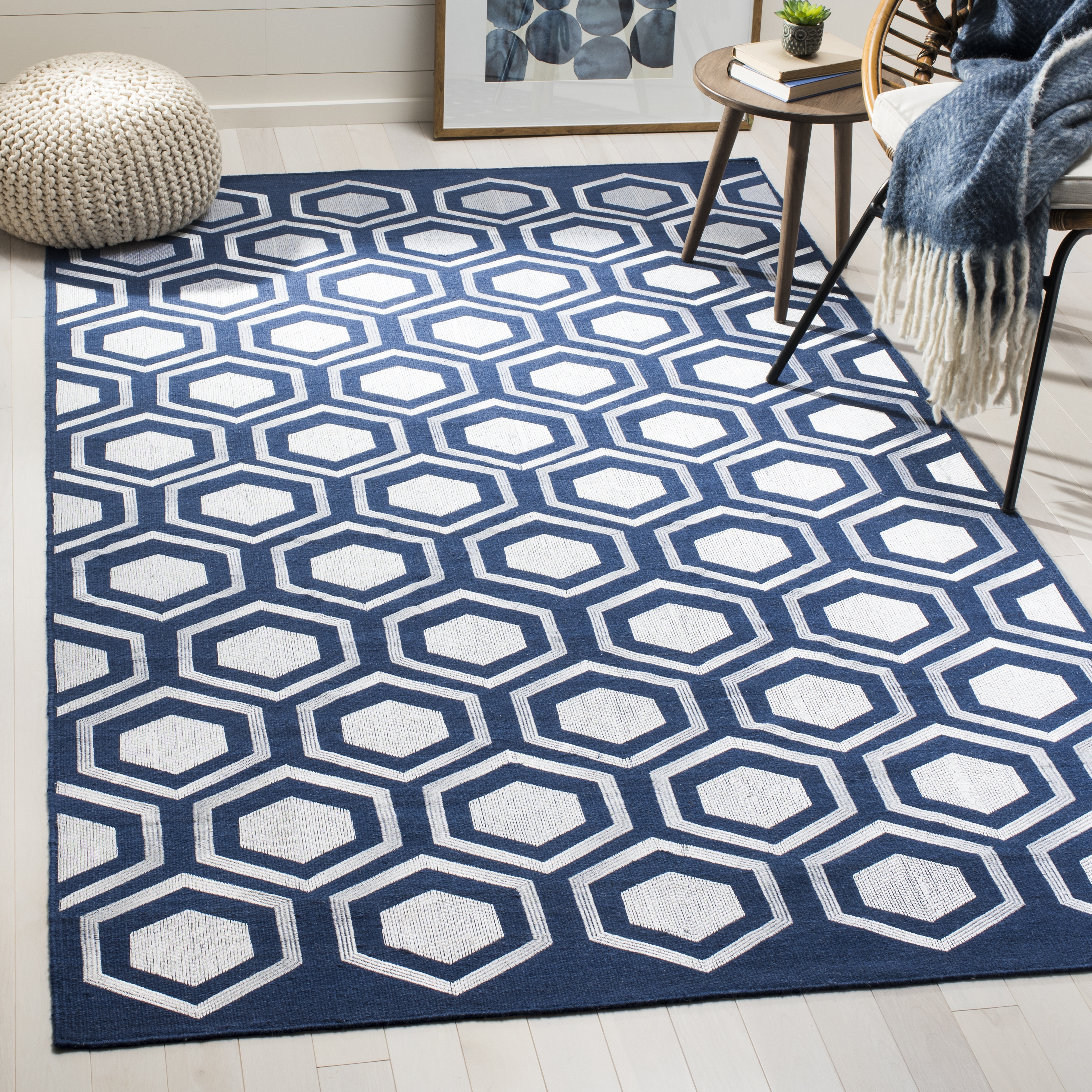 Arlo Home Hand Woven Flatweave With Embroidery Area Rug, KLM629B, Navy,  5' X 8' - Image 1