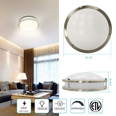14'' LED Ceiling Lighting Flush Mount Fixture, Brushed Nickel, 24W, 4000K Cool White, Dimmable Ceiling Light For Damp Location, Hallway, Bathroom, Kitchen, Bedroom - Image 0
