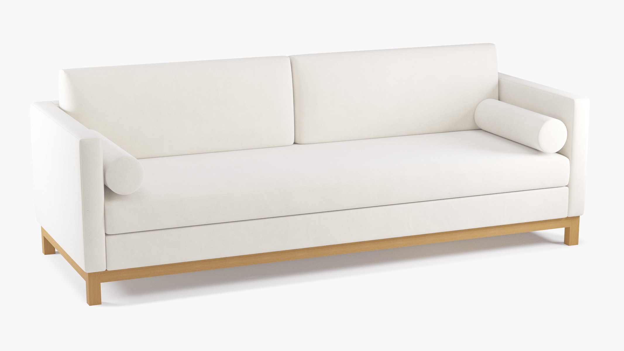Tailored Tuxedo Sofa, White Performance Velvet, Natural Wood Rail - Image 1