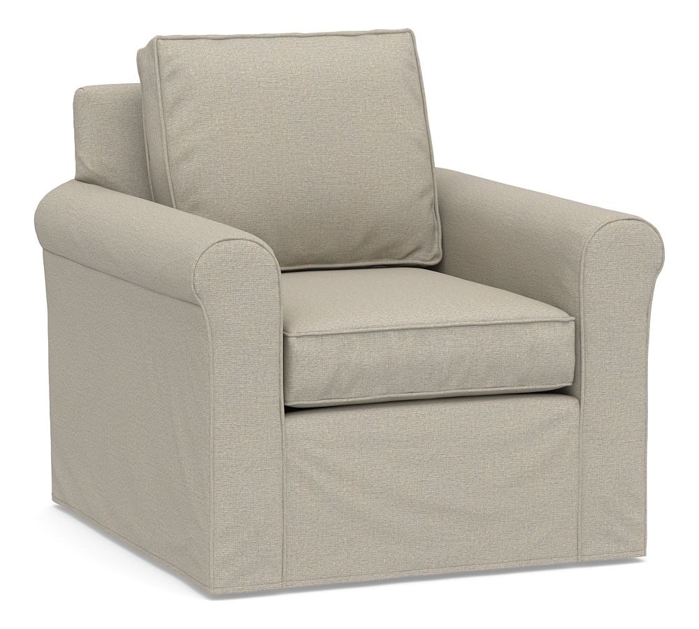 Cameron Roll Arm Slipcovered Deep Seat Swivel Armchair, Polyester Wrapped Cushions, Performance Boucle Fog - Image 0