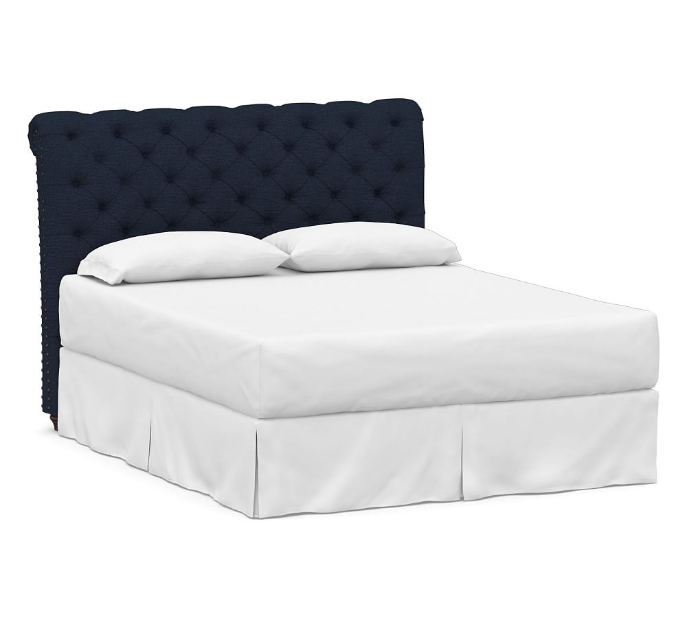 Chesterfield Tufted Upholstered Headboard, Full, Performance Heathered Basketweave Navy - Image 0