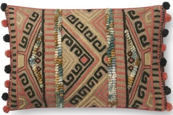 Embroidered Throw Pillow with Pom Poms, 21" x 13" - Image 0