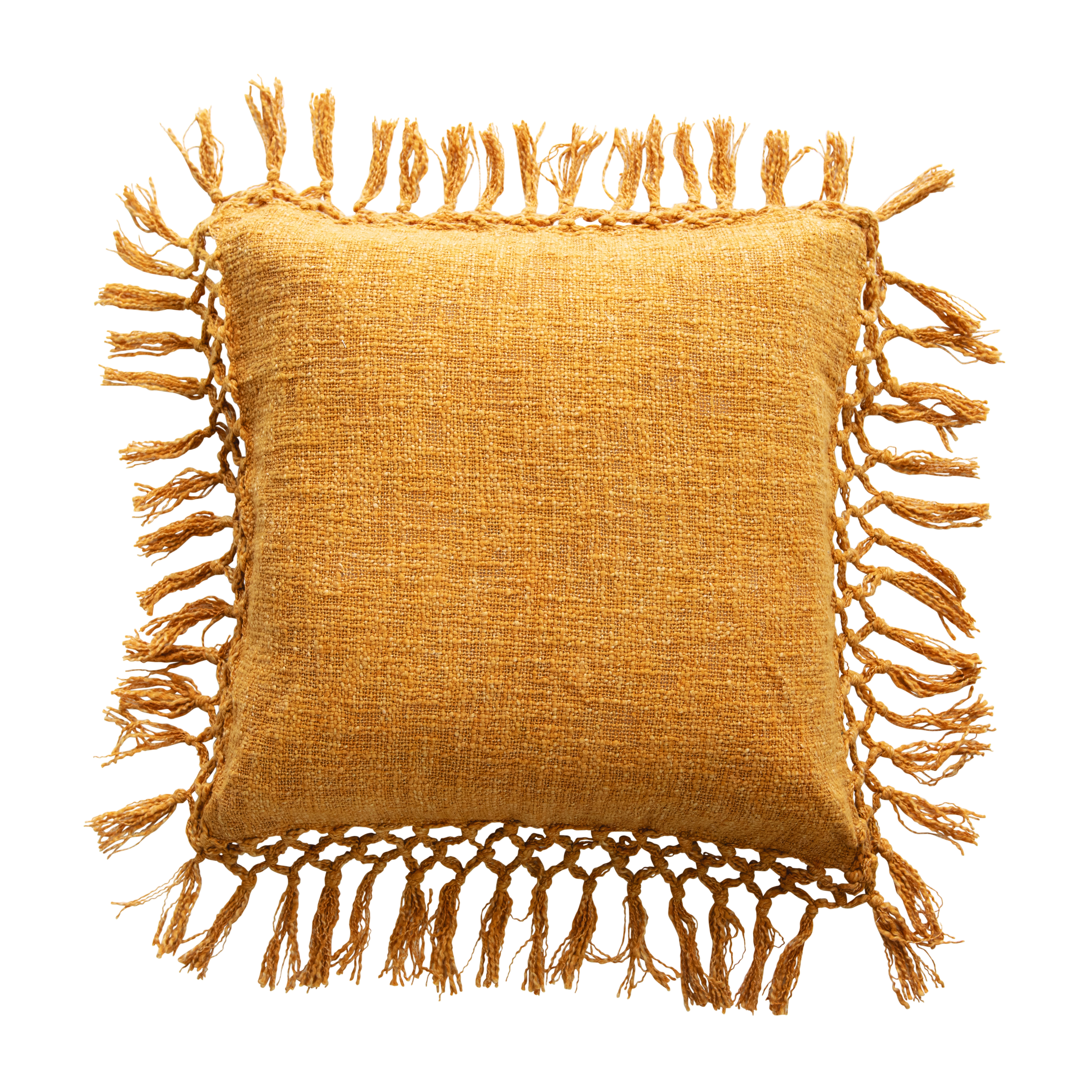 Mustard Square Cotton Slub Pillow with Tassels - Image 0