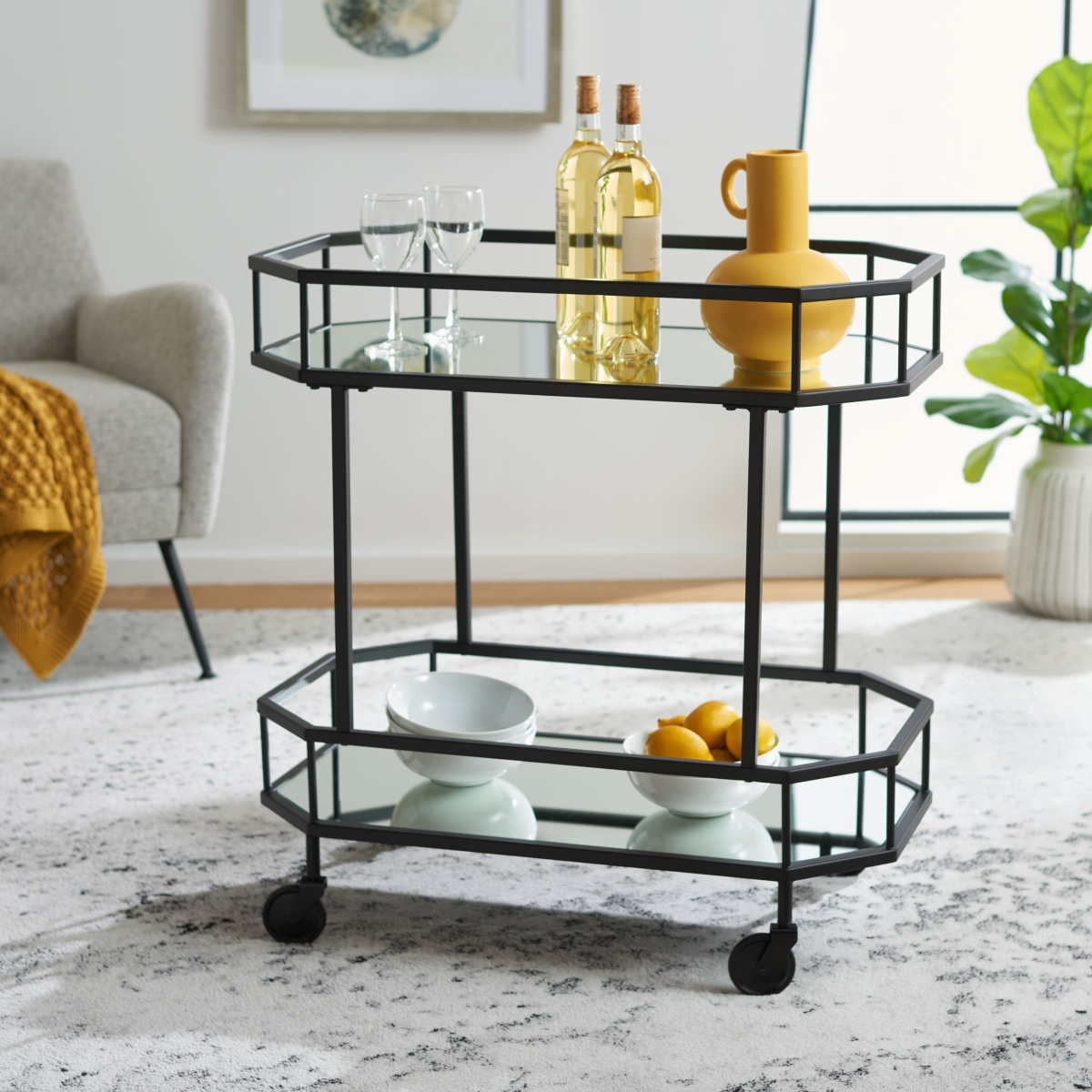 Silva 2 Tier Octagon Bar Cart - Matte / Black - Safavieh - Image 1