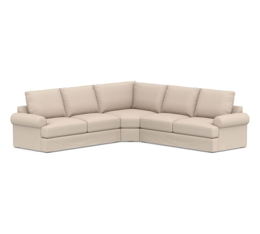 Canyon Roll Arm Slipcovered 3-Piece L-Shaped Wedge Sectional, Down Blend Wrapped Cushions, Sunbrella(R) Performance Sahara Weave Oatmeal - Image 0