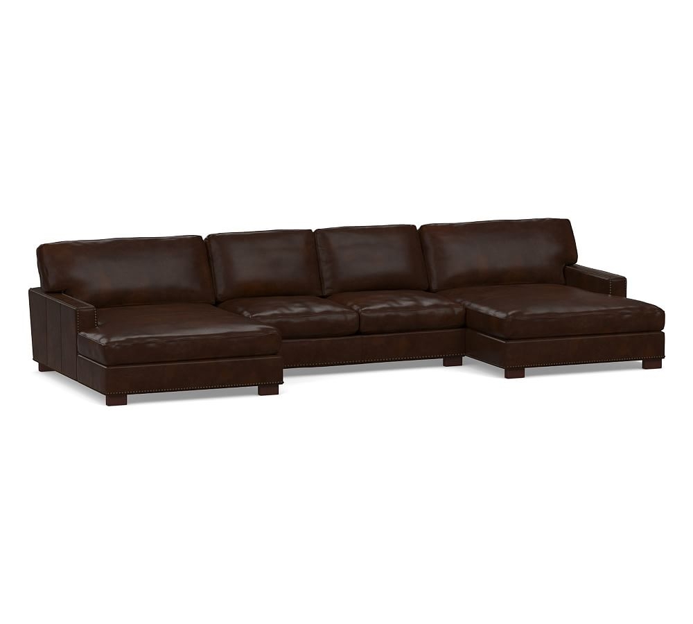 Turner Square Arm Leather U-Double Chaise Sectional with Nailheads, Down Blend Wrapped Cushions, Legacy Tobacco - Image 0