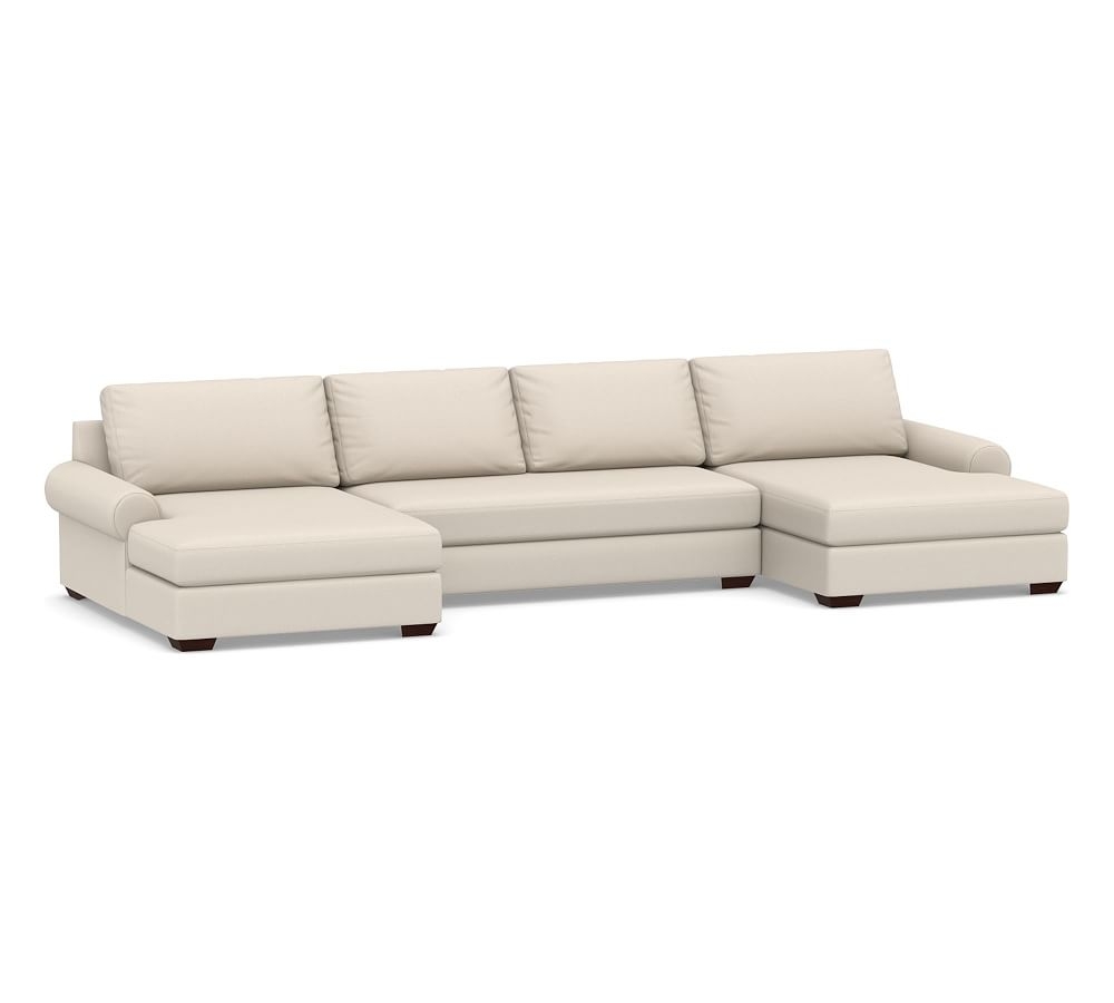 Big Sur Roll Arm Upholstered U-Double Chaise Sofa Sectional with Bench Cushion, Down Blend Wrapped Cushions, Performance Brushed Basketweave Oatmeal - Image 0
