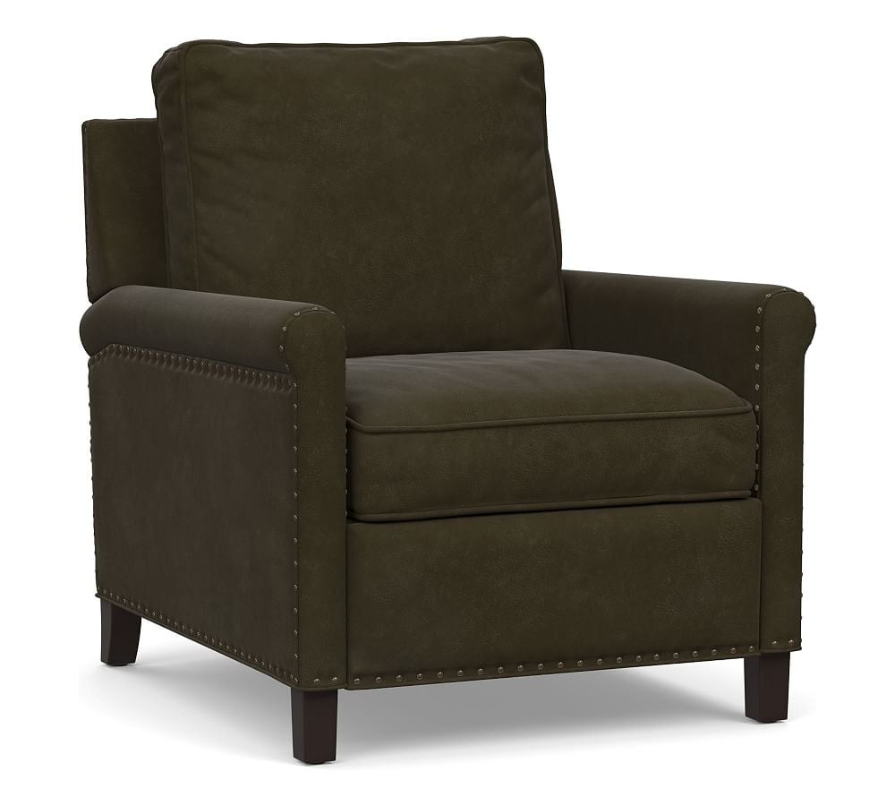 Tyler Roll Arm Leather Recliner with Oxidized Satin Brass Nailheads, Down Blend Wrapped Cushions, Aviator Blackwood - Image 0