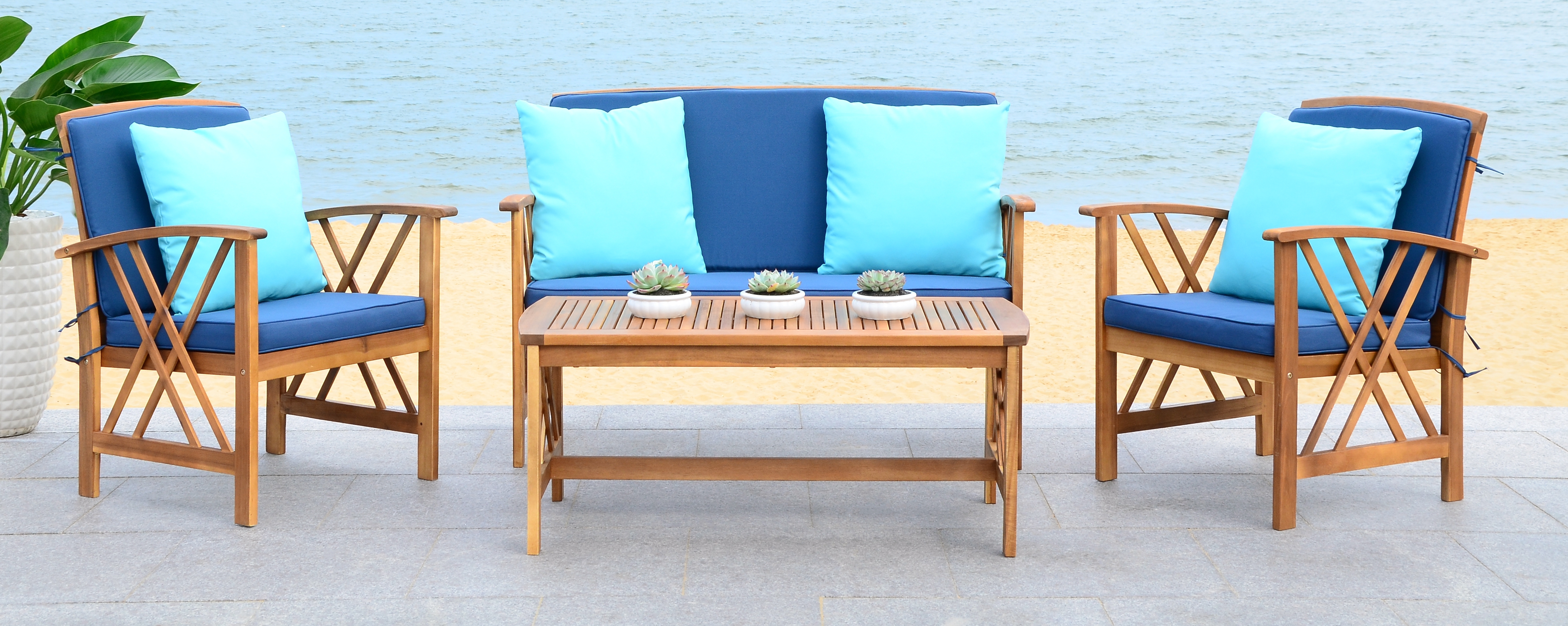 Fontana 4 Piece Outdoor Set - Natural Look/Navy - Safavieh - Image 1