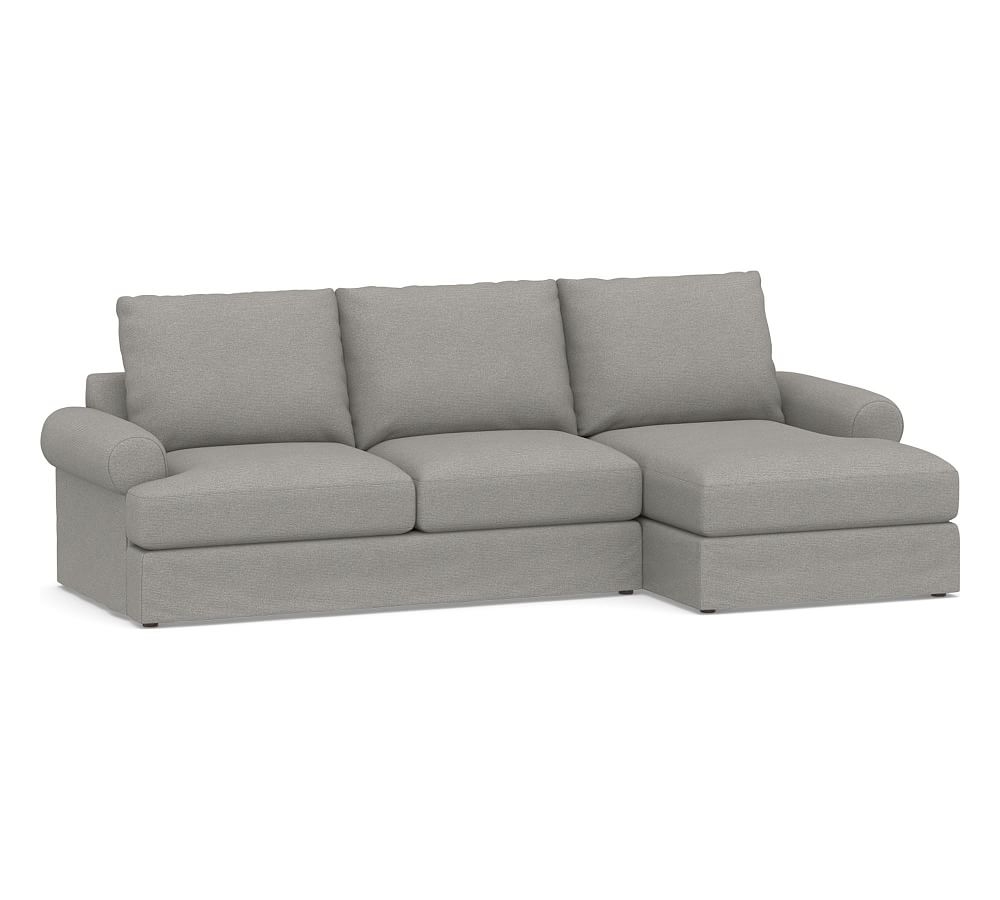 Canyon Roll Arm Slipcovered Left Arm Loveseat with Chaise Sectional, Down Blend Wrapped Cushions, Performance Heathered Basketweave Platinum - Image 0