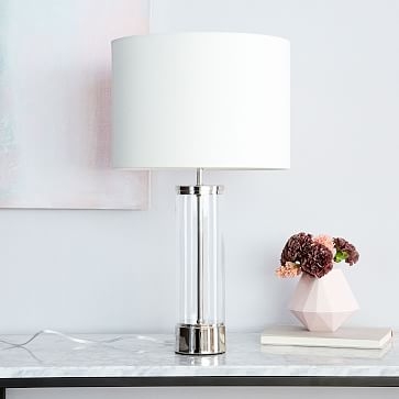 Acrylic Column Table Lamp Antique Brass White Linen (25") - Image 3